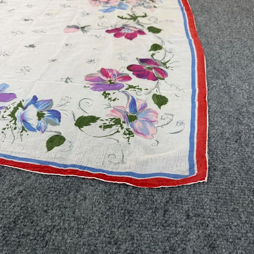 Vintage Floral Handkerchief Scarf White Pink Blue Anemone Flower Red Blue Border